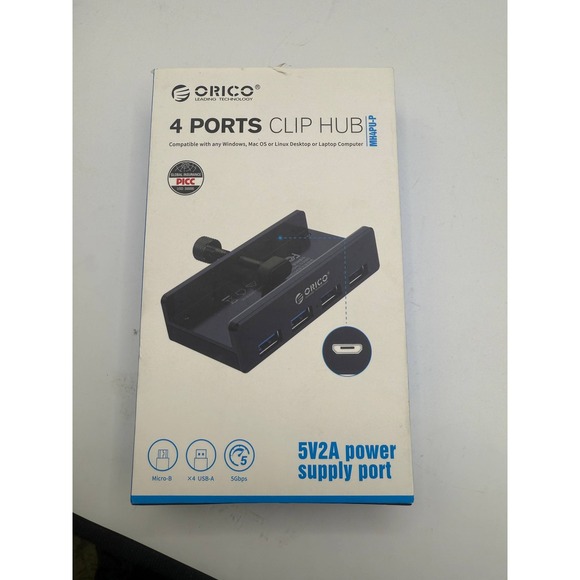 ORICO 4 Port USB 3.0 Hub Clip Mount with 5V 2A Power Adapter for PC Laptop - Picture 1 of 6